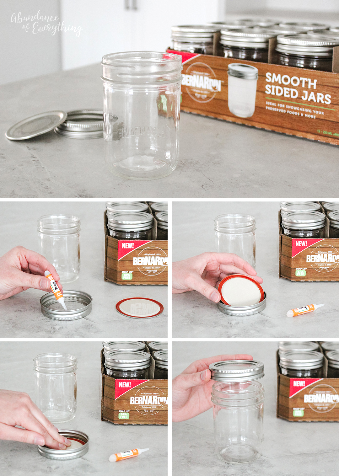 Organization Hack: Glue the Bernardin mason jar lids and bands together with super glue.