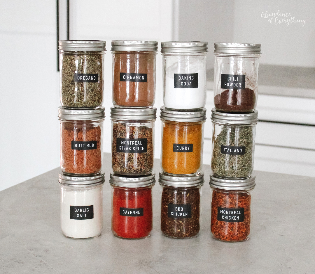 Bernardin mason jars used for organizing spices with labels