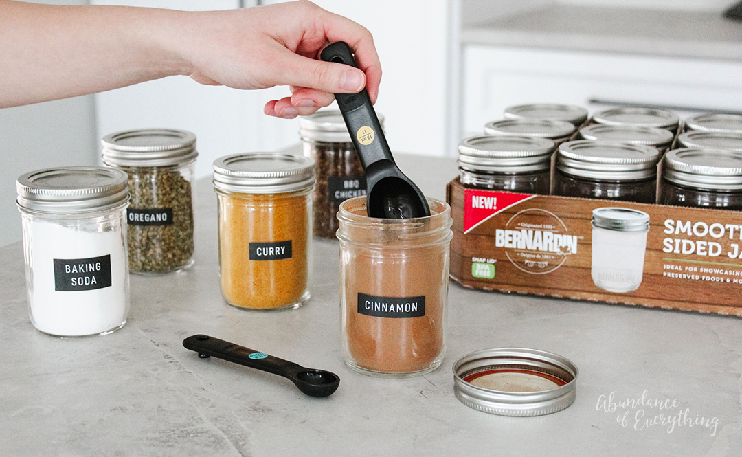 Bernardin mason jars used for organizing spices with labels