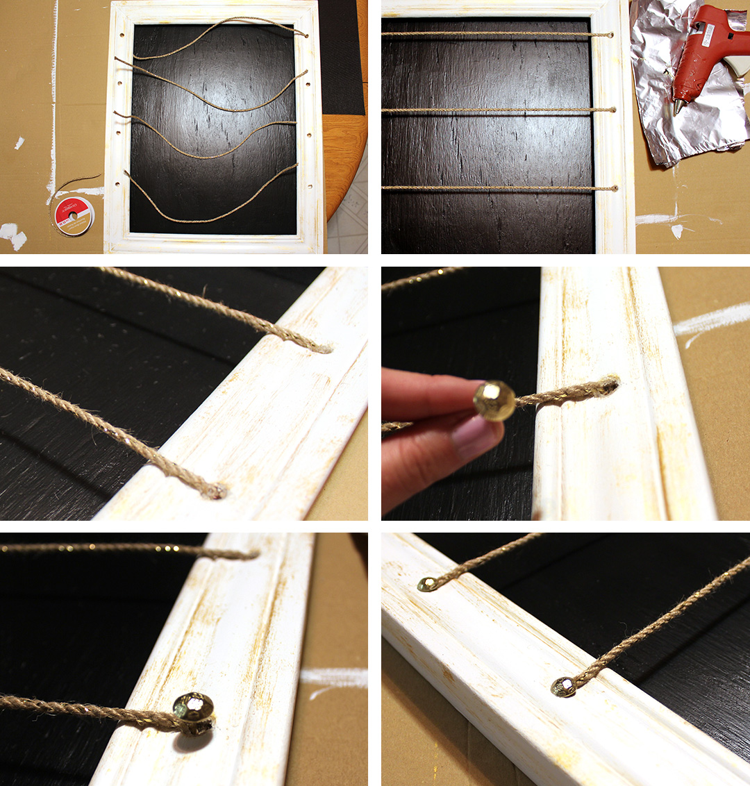 Step 9: Add the clothesline string and decorative upholstery pins.